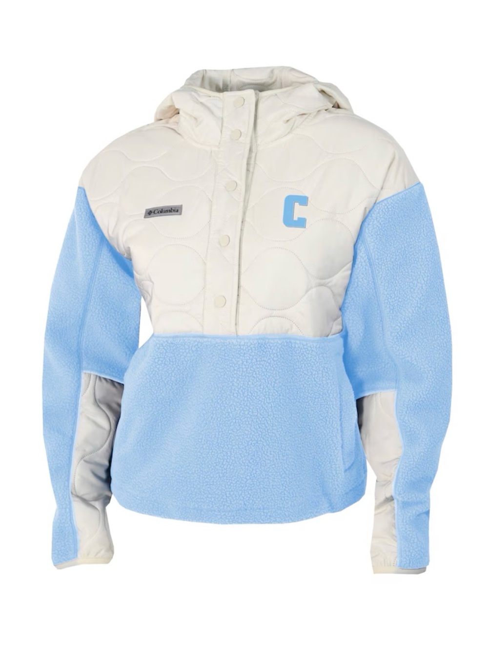 Columbia Cream and Light Blue Hooded Fleece Half-Snap Pullover